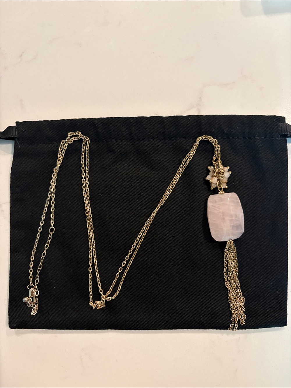 Francesca’s Long Gold Chain Necklace with Rose Quartz Pendant and Tassel